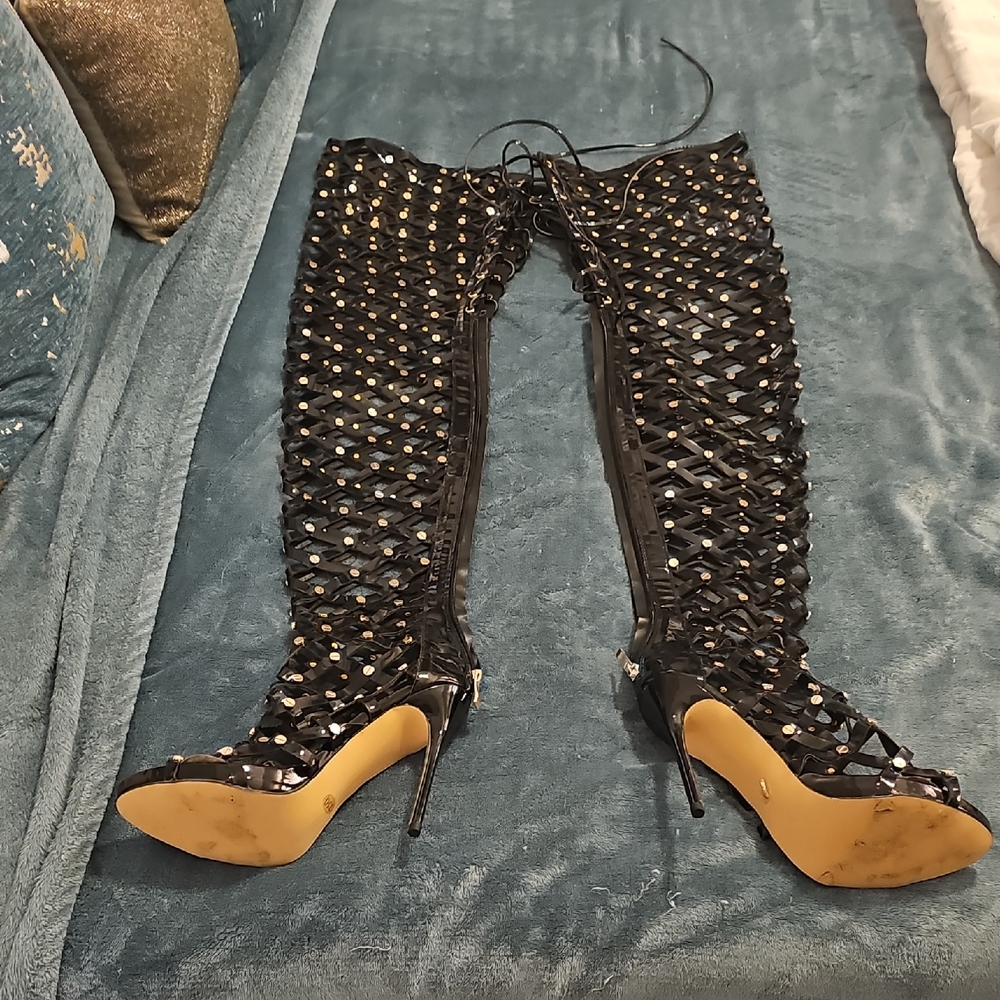 BOOTS-Studded Black Over the Knee Lace-Up Boots